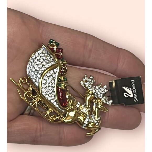 NEW W/TAG Signed Swarovski Santa's Christmas Reindeer Sleigh Pin/Brooch--RETIRED - Picture 8 of 9